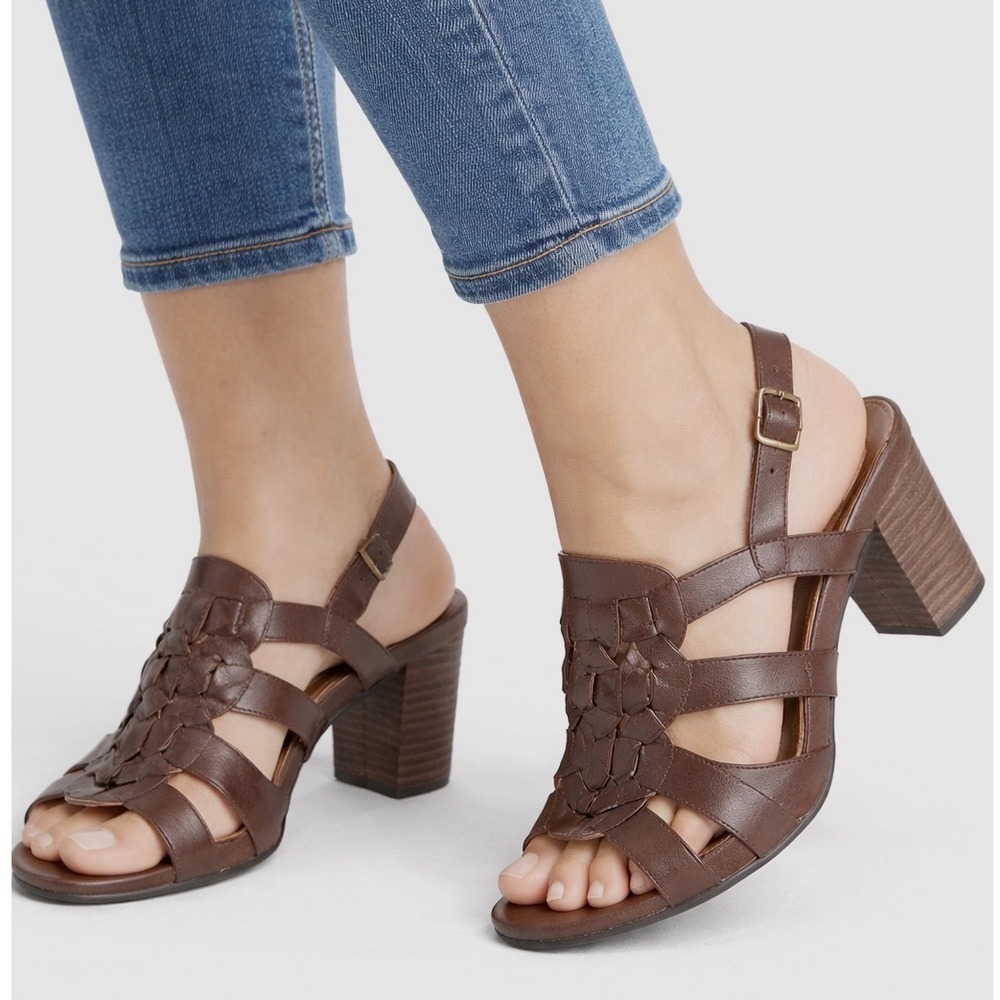 Clarks Artisan Brown Leather Woven Slingback Block Heel Sandals 10M Chic 34-2
